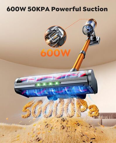 مكنسة كهربائية لاسلكية، 50 كيلو باسكال 600 واط 65 دقيقة مكنسة كهربائية للمنزل، مكنسة كهربائية محمولة قائمة بذاتها مع خرطوم قابل للتمديد 3.3 قدم، شاشة لمس LED لشعر الحيوانات الأليفة/الأرضية/السجاد in Saudi Arabia
