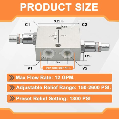DCRV45-06N Dual Crossover Hydraulic Relief Cushion Valve,3/8" NPT Ports, 12 GPM Fit for Reversible Hydraulic Motor and Can Be Used as a Cushion Valve for a Double Acting Cylinder in Kuwait