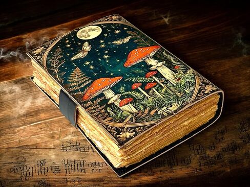 Grimoire Vintage Mushroom leather journal, Handmade Antique Deckle Edge Paper Spell Book of Shadows Celestial Witchcraft Supplies Diary, Wiccan Notebook, Mystical Gifts for Him & Her 7x5 Inch 200 Pages in Saudi Arabia