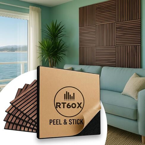 RT60X Peel & Stick Self-Adhesive Acoustic Wood Panels, 4-Pack 24"x24"x1" | Easy Install Sound Absorbing Wall Tiles for Home, Studio & Gaming | Fire-Retardant, Durable Design in Saudi Arabia