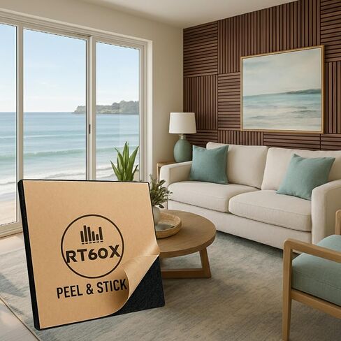 RT60X Peel & Stick Self-Adhesive Acoustic Wood Panels, 4-Pack 24"x24"x1" | Easy Install Sound Absorbing Wall Tiles for Home, Studio & Gaming | Fire-Retardant, Durable Design in Saudi Arabia