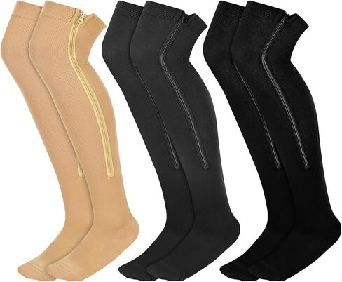Twistover 3 Pairs Women Thigh High Zipper Compression Socks 15-20 Mmhg over the Knee Stocking with Zipper for Edema Athletic in Saudi Arabia