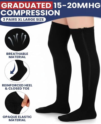 Twistover 3 Pairs Women Thigh High Zipper Compression Socks 15-20 Mmhg over the Knee Stocking with Zipper for Edema Athletic in Saudi Arabia