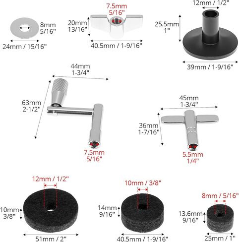 QWORK 23PCS Cymbal Replacement Accessories Kit - Includes Bracket Tube, Cymbal & Clutch Felts, Wing Nuts, Washers, Sleeves, and Drum Keys in Saudi Arabia