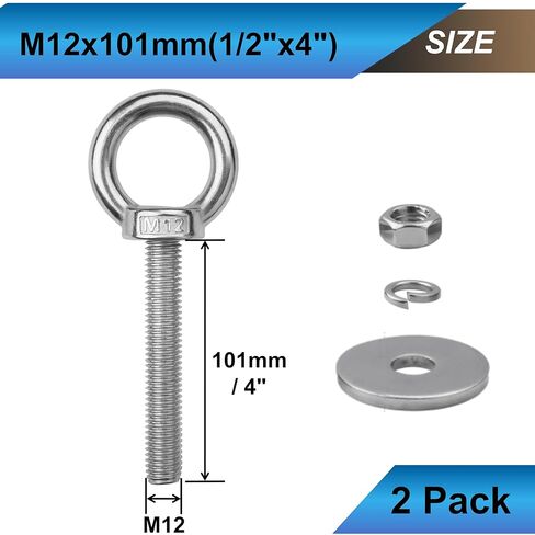 2 Pack M12 Eye Bolts with Nuts, 304 Stainless Steel 1/2" x 4" Heavy Duty Lifting Eye Bolts, Metric M12×102mm Ring Eye Bolt for Hanging, Tie Down, Outdoor & Hardware Fixing (2, 1/2"x4") in Saudi Arabia