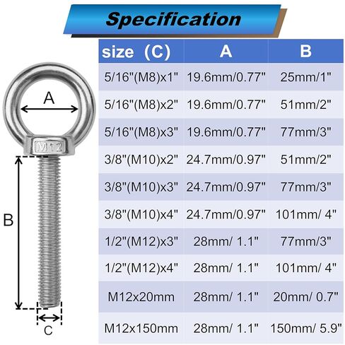 2 Pack M12 Eye Bolts with Nuts, 304 Stainless Steel 1/2" x 4" Heavy Duty Lifting Eye Bolts, Metric M12×102mm Ring Eye Bolt for Hanging, Tie Down, Outdoor & Hardware Fixing (2, 1/2"x4") in Saudi Arabia