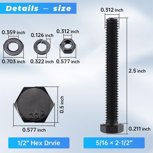 Glvaner 5/16-18 x 2-1/2" (8 Sets) Stainless Steel Hex Head Screws Bolts, Nuts, Flat & Lock Washers, 18-8 (304) Stainless Steel Bolts and Nuts Set, Full Thread, Black Coated in Saudi Arabia