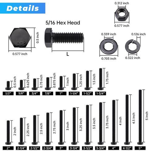 Glvaner 5/16-18 x 2-1/2" (8 Sets) Stainless Steel Hex Head Screws Bolts, Nuts, Flat & Lock Washers, 18-8 (304) Stainless Steel Bolts and Nuts Set, Full Thread, Black Coated in Saudi Arabia