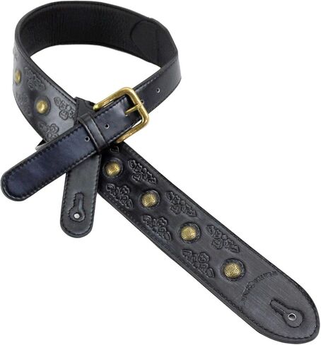 Walker & Williams GE-206 Brushed Black Viking Style Guitar Strap with Antiqued Brass Coin Studs in Saudi Arabia