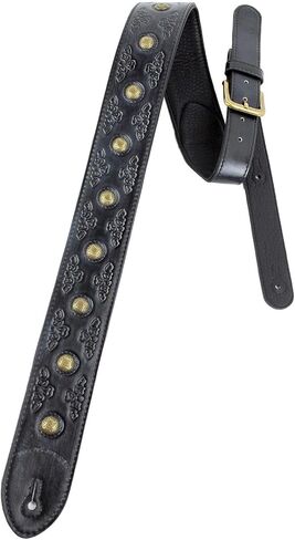 Walker & Williams GE-206 Brushed Black Viking Style Guitar Strap with Antiqued Brass Coin Studs in Saudi Arabia