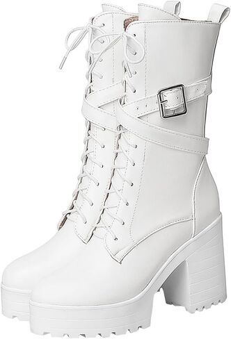 Parisuit Women's Chunky High Heel Lace Up Mid Calf Boots Goth Buckle Platform Combat Boots Punk Zip Up Booties in Kuwait