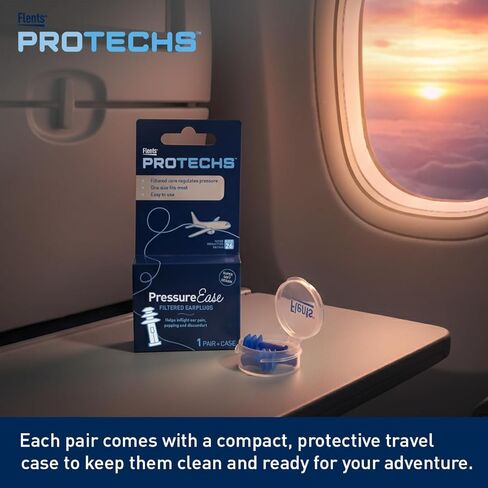 Flents PressureEase Earplugs Designed for Flying, Airplane Pressure Ear Plugs for Ear Pain Relief, 26dB NRR, Soft Comfort Flange, Travel Essential for Takeoff & Landing, 1 Pair + Case, Blue in Kuwait