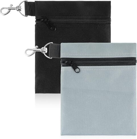 2 Pack Golf Ball Bag, Golf Tee Bag Pouch 6.7" x 5.5" Zippered Pouch with Metal Lobster Clip, Waterproof Golfs Accessories Organizer for Tees Balls, Valuables Holder, Men Women​ (Black, Gray) in Saudi Arabia