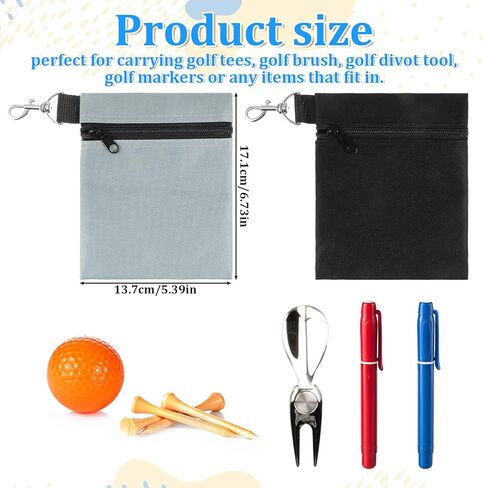 2 Pack Golf Ball Bag, Golf Tee Bag Pouch 6.7" x 5.5" Zippered Pouch with Metal Lobster Clip, Waterproof Golfs Accessories Organizer for Tees Balls, Valuables Holder, Men Women​ (Black, Gray) in Saudi Arabia