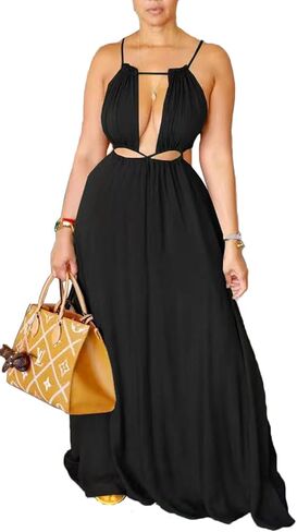 Yeshire Womens Summer Spaghetti Strap Maxi Dress Sleeveless Sexy Cutout Drawstring Boho Beach Vacation Party Dresses in Kuwait