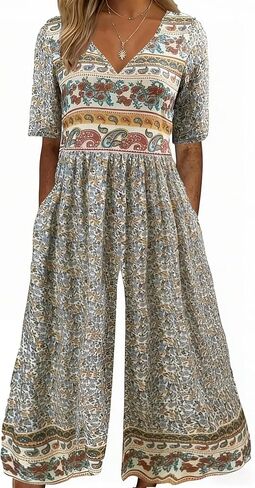 Womens Jumpsuits Dressy Casual Boho Floral Short Sleeve Jumpsuit V Neck Wide Leg Loose Flowy One Piece Bodysuit in Saudi Arabia