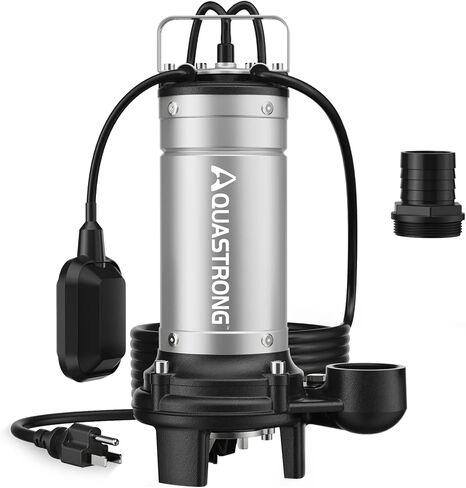 Aquastrong 1HP Sewage Grinder Pump, Stainless Steel, 115V Automatic Float Switch, Cast Iron Impeller, Submersible Effluent/Sewage Pump for Sump Basin, Basement 2'' NPT Discharge, Gray in Kuwait