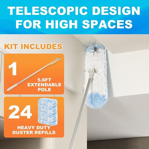 مقبض منفضة JOYMOOP قابل للتمديد بطول 6 أقدام مع 24 عبوة ثقيلة، متوافق مع عبوات منفضة سويفر، وسادات غبار من الألياف الدقيقة للاستعمال مرة واحدة لتنظيف المنزل، والسقف، والمروحة، والنوافذ، والمناطق التي يصعب الوصول إليها in Kuwait
