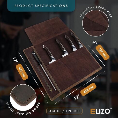 ELIZO الجلود سكين لفة سكين الشيف حقيبة سكاكين الشيف المهنية لفة حقيبة السفر تخزين حمل حالة التفاف حامل غمد المطبخ الناقل حماة كم أداة الطهاة هدية أشيب in Kuwait