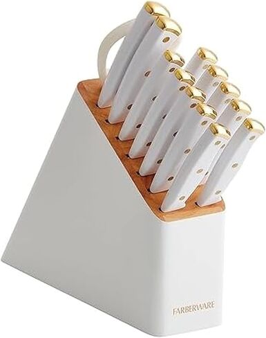 FARBERWARE 15-Piece Knife Block Set, Triple-Riveted High-Carbon Stainless Steel Kitchen Knives, Razor Sharp Blades, Wood Storage Block, White/gold in Saudi Arabia