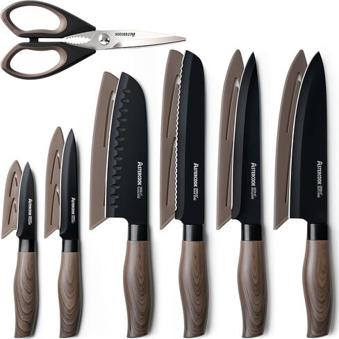 Astercook 13-Piece Kitchen Knife Set with Black Anti-Rust Coating, Dishwasher Safe, Stainless Steel Chef Knives Set with 6 Blade Guards, Wood Grain Handle, Perfect Holiday & Housewarming Gifts in Kuwait