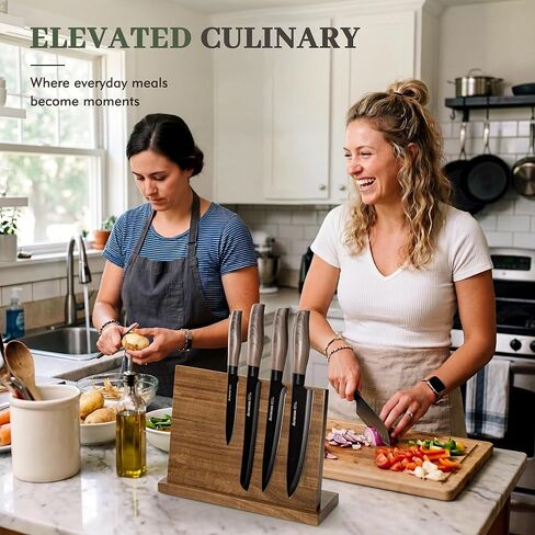 Astercook 13-Piece Kitchen Knife Set with Black Anti-Rust Coating, Dishwasher Safe, Stainless Steel Chef Knives Set with 6 Blade Guards, Wood Grain Handle, Perfect Holiday & Housewarming Gifts in Kuwait