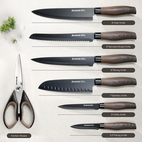 Astercook 13-Piece Kitchen Knife Set with Black Anti-Rust Coating, Dishwasher Safe, Stainless Steel Chef Knives Set with 6 Blade Guards, Wood Grain Handle, Perfect Holiday & Housewarming Gifts in Kuwait