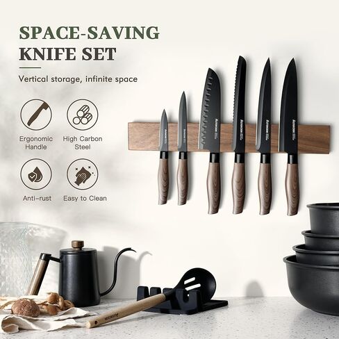 Astercook 13-Piece Kitchen Knife Set with Black Anti-Rust Coating, Dishwasher Safe, Stainless Steel Chef Knives Set with 6 Blade Guards, Wood Grain Handle, Perfect Holiday & Housewarming Gifts in Kuwait