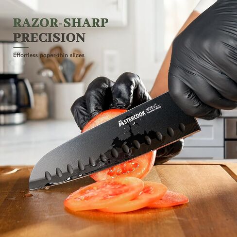 Astercook 13-Piece Kitchen Knife Set with Black Anti-Rust Coating, Dishwasher Safe, Stainless Steel Chef Knives Set with 6 Blade Guards, Wood Grain Handle, Perfect Holiday & Housewarming Gifts in Kuwait