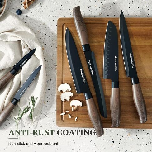 Astercook 13-Piece Kitchen Knife Set with Black Anti-Rust Coating, Dishwasher Safe, Stainless Steel Chef Knives Set with 6 Blade Guards, Wood Grain Handle, Perfect Holiday & Housewarming Gifts in Kuwait