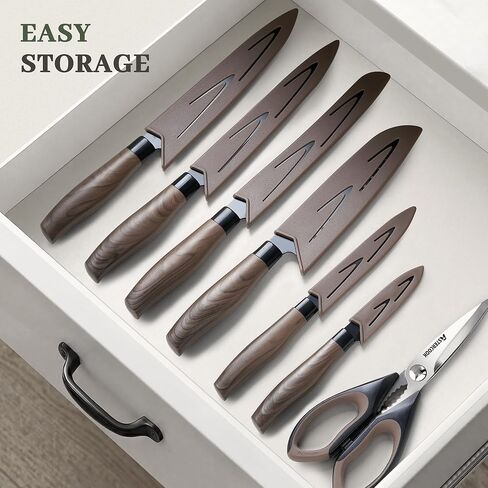 Astercook 13-Piece Kitchen Knife Set with Black Anti-Rust Coating, Dishwasher Safe, Stainless Steel Chef Knives Set with 6 Blade Guards, Wood Grain Handle, Perfect Holiday & Housewarming Gifts in Kuwait