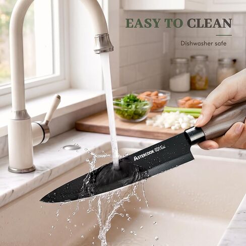Astercook 13-Piece Kitchen Knife Set with Black Anti-Rust Coating, Dishwasher Safe, Stainless Steel Chef Knives Set with 6 Blade Guards, Wood Grain Handle, Perfect Holiday & Housewarming Gifts in Kuwait