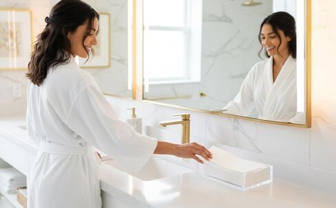 Rebecca Luxurious- Acrylic Bathroom Organizer and Hand Towel Tray, Clear Vanity Storage for Shelf, Counter, or Closet Organization, Store Makeup, Cosmetics, or Toiletries, 9" x 5" in Saudi Arabia