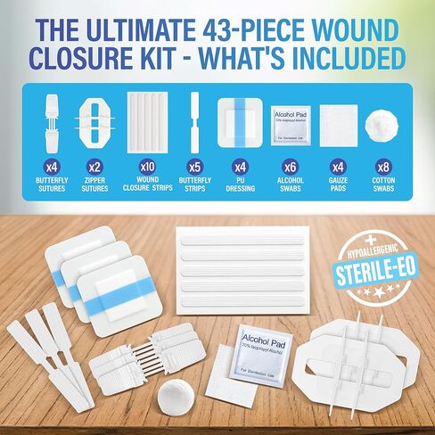 طقم شرائط إغلاق الجروح مكون من 43 قطعة - ضمادات الفراشة، نوعان من ضمادات الخياطة ذات السحاب، وسادات الشاش، ضمادات البولي يوريثان، مسحات الكحول والقطن - طقم إغلاق الجروح في حالات الطوارئ للجروح والتمزقات والسحجات in Kuwait