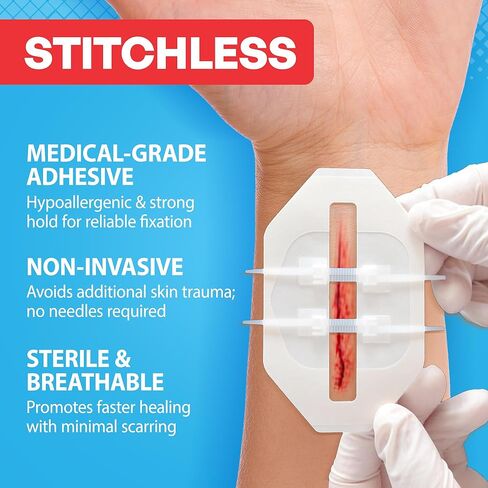 طقم شرائط إغلاق الجروح مكون من 43 قطعة - ضمادات الفراشة، نوعان من ضمادات الخياطة ذات السحاب، وسادات الشاش، ضمادات البولي يوريثان، مسحات الكحول والقطن - طقم إغلاق الجروح في حالات الطوارئ للجروح والتمزقات والسحجات in Kuwait