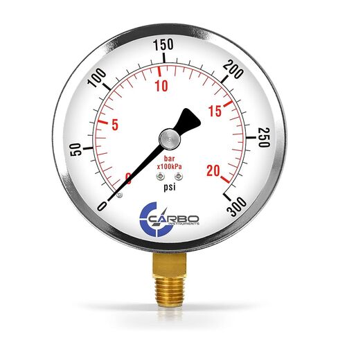 مقياس ضغط CARBO Instruments 4 بوصات، علبة فولاذية مطلية بالكروم، جاف، 0-200 رطل لكل بوصة مربعة/كيلو باسكال، حامل سفلي 1/4 بوصة NPT in Kuwait