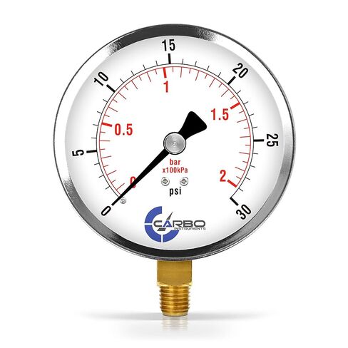 مقياس ضغط CARBO Instruments 4 بوصات، علبة فولاذية مطلية بالكروم، جاف، 0-200 رطل لكل بوصة مربعة/كيلو باسكال، حامل سفلي 1/4 بوصة NPT in Kuwait