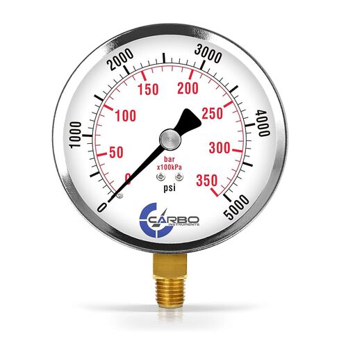 مقياس ضغط CARBO Instruments 4 بوصات، علبة فولاذية مطلية بالكروم، جاف، 0-200 رطل لكل بوصة مربعة/كيلو باسكال، حامل سفلي 1/4 بوصة NPT in Kuwait