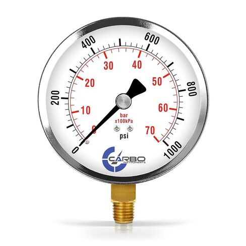 مقياس ضغط CARBO Instruments 4 بوصات، علبة فولاذية مطلية بالكروم، جاف، 0-200 رطل لكل بوصة مربعة/كيلو باسكال، حامل سفلي 1/4 بوصة NPT in Kuwait