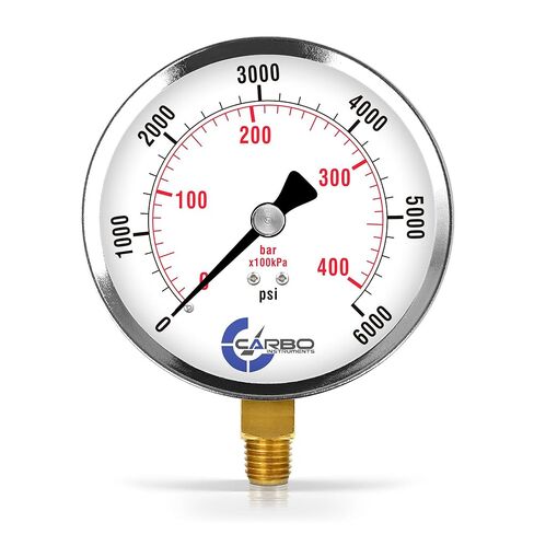 مقياس ضغط CARBO Instruments 4 بوصات، علبة فولاذية مطلية بالكروم، جاف، 0-200 رطل لكل بوصة مربعة/كيلو باسكال، حامل سفلي 1/4 بوصة NPT in Kuwait