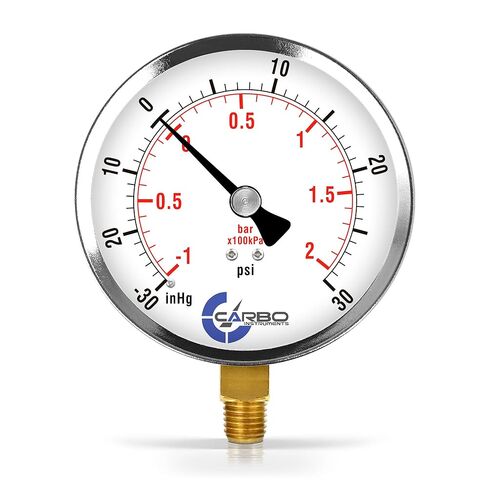 مقياس ضغط CARBO Instruments 4 بوصات، علبة فولاذية مطلية بالكروم، جاف، 0-200 رطل لكل بوصة مربعة/كيلو باسكال، حامل سفلي 1/4 بوصة NPT in Kuwait
