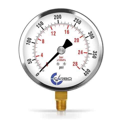 مقياس ضغط CARBO Instruments 4 بوصات، علبة فولاذية مطلية بالكروم، جاف، 0-200 رطل لكل بوصة مربعة/كيلو باسكال، حامل سفلي 1/4 بوصة NPT in Kuwait