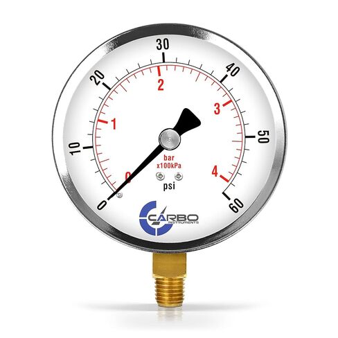 مقياس ضغط CARBO Instruments 4 بوصات، علبة فولاذية مطلية بالكروم، جاف، 0-200 رطل لكل بوصة مربعة/كيلو باسكال، حامل سفلي 1/4 بوصة NPT in Kuwait