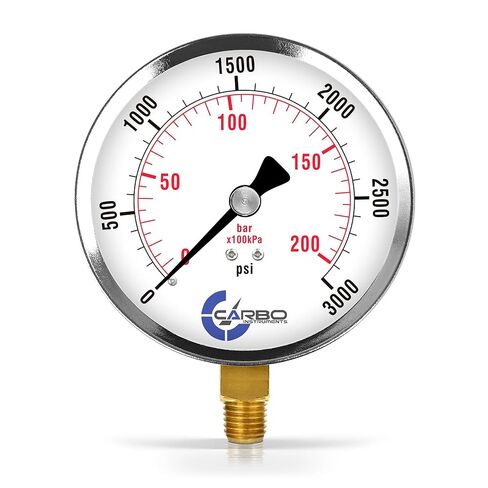 مقياس ضغط CARBO Instruments 4 بوصات، علبة فولاذية مطلية بالكروم، جاف، 0-200 رطل لكل بوصة مربعة/كيلو باسكال، حامل سفلي 1/4 بوصة NPT in Kuwait