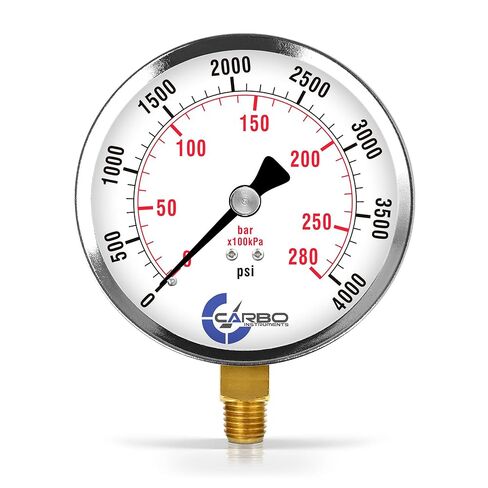 مقياس ضغط CARBO Instruments 4 بوصات، علبة فولاذية مطلية بالكروم، جاف، 0-200 رطل لكل بوصة مربعة/كيلو باسكال، حامل سفلي 1/4 بوصة NPT in Kuwait