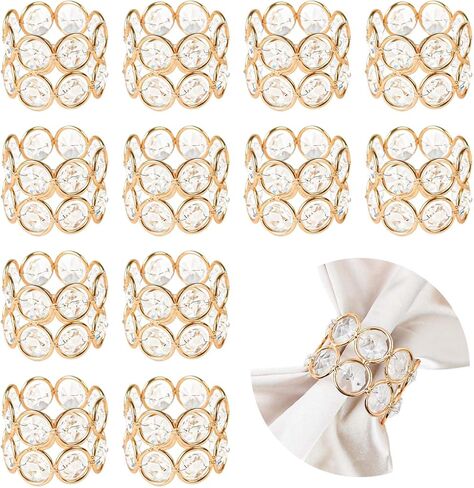 Crystal Metal Napkin Rings Set, Elegant Wedding/Party Table Decor, Shiny Holiday Dinner Accessories Bulk, Bridal Shower Gift, Anniversary, Christmas, Home Decor Essentials (Gold, 12-Pcs) in Kuwait