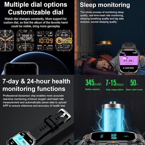 Military Smart Watch with Earbuds,iOS and Android Phones,Round 1.52 inch Full Touch Screen,Fitness Tracker,Answer/Make Call,Voice Recording,Sleep Monitor,Music Player in Saudi Arabia