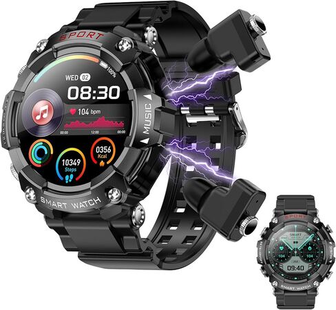 Smart Watch with Earbuds, for iOS Android Phone,3 in 1 Round Fitness Tracker, 1.52 Inch Full Touch Screen, Answer/Make Calls, for Men and Women, Sleep Monitor, Motion Long Standby, Music Player in Kuwait