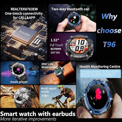 Smart Watch with Earbuds, for iOS Android Phone,3 in 1 Round Fitness Tracker, 1.52 Inch Full Touch Screen, Answer/Make Calls, for Men and Women, Sleep Monitor, Motion Long Standby, Music Player in Kuwait