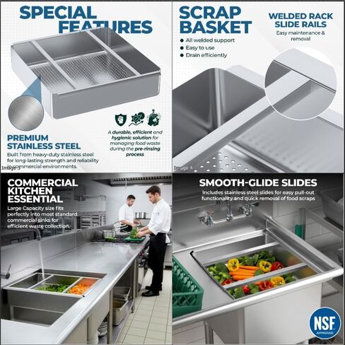 سلة الشطف المسبق بشرائح من الفولاذ المقاوم للصدأ | سلة خردة من الفولاذ المقاوم للصدأ عالية الجودة للمغاسل التجارية | 19 3/8 بوصة × 19 3/8 بوصة × 3.5 بوصة in Kuwait